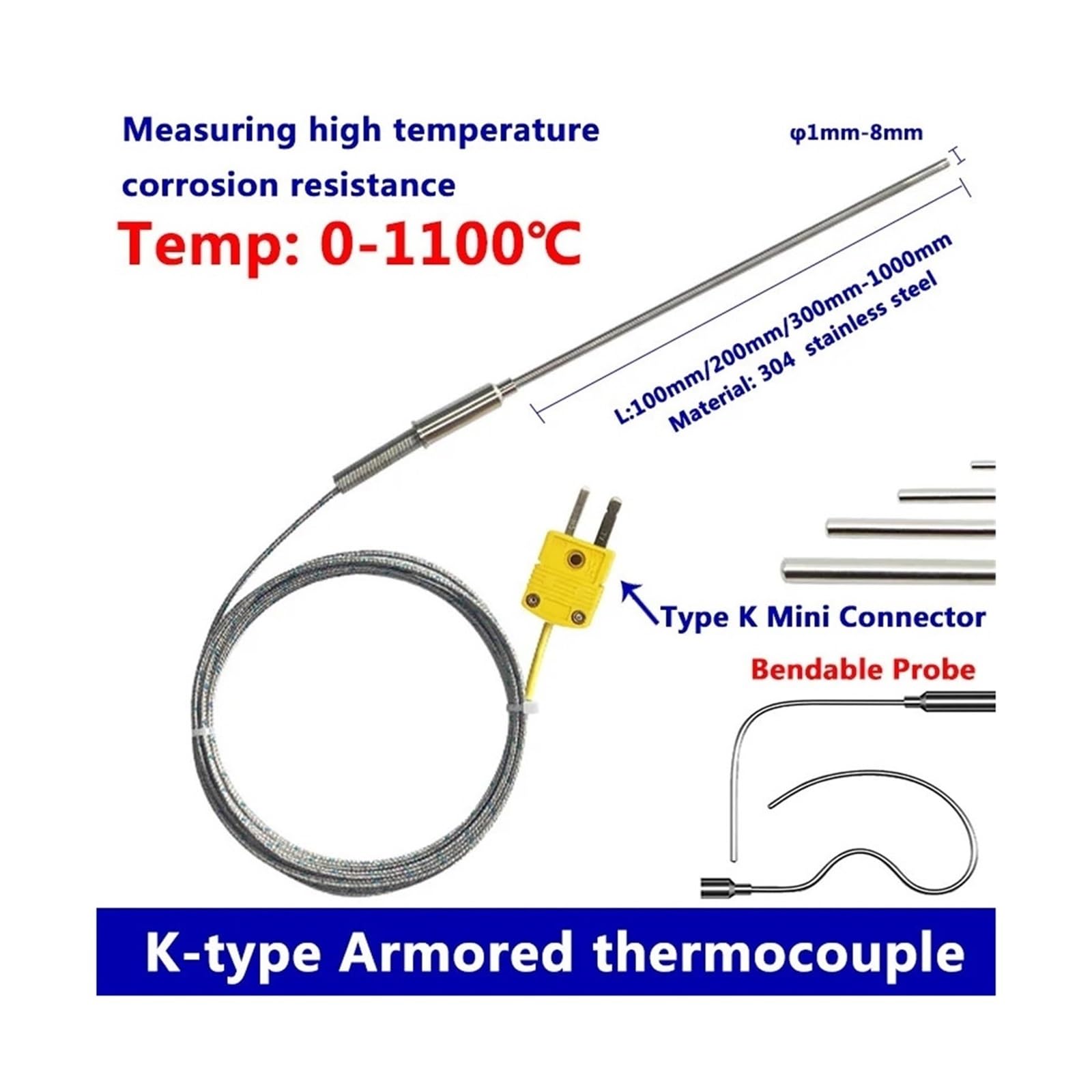 Termopar blindado tipo K sensor de temperatura alambre flexible(Probe diam 6X1000mm)