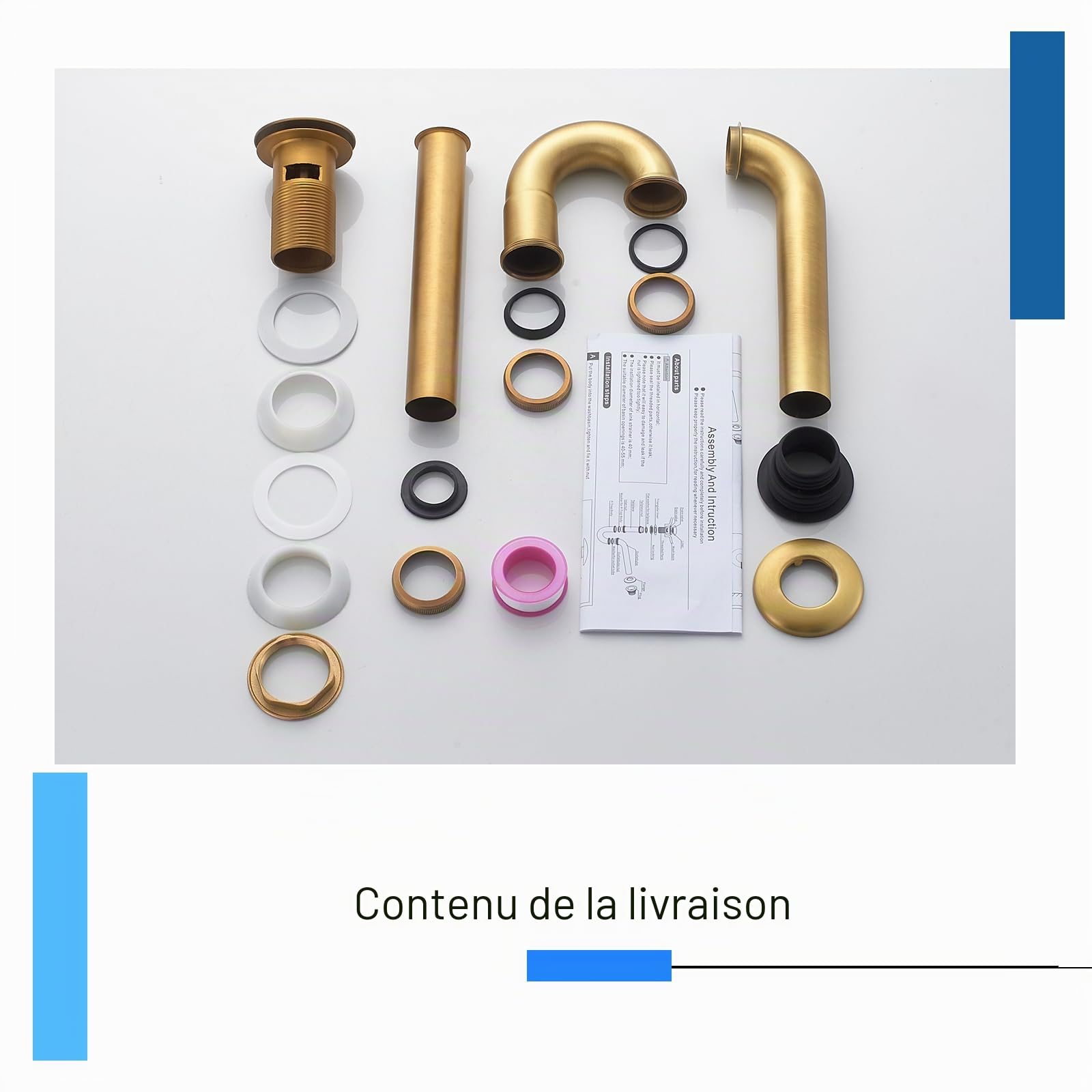 Siphon en P en acier inoxydable et vidage pop-up en laiton, 3,2 cm x 32 mm, universel pour lavabo de salle de bain et lavabo avec trop-plein, siphon anti-odeurs réglable en hauteur, finition
