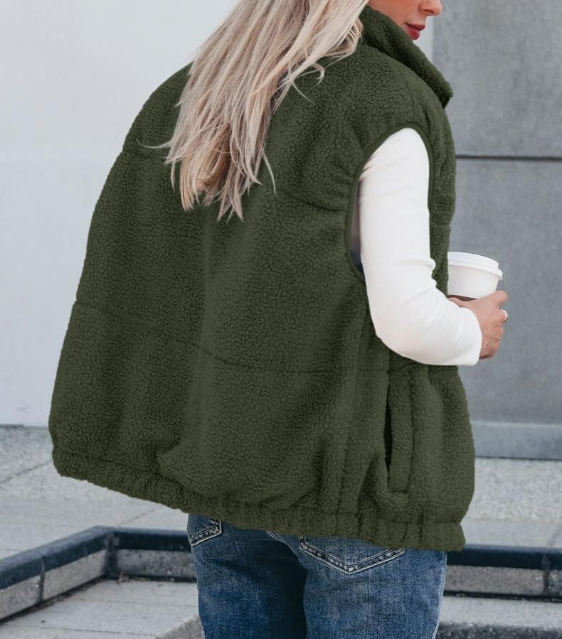 Women's Oversized Sherpa Vest Casual Warm Fleece Fuzzy Jackets Sleeveless Zip Up Cozy Vests Outerwear with Pockets - Image 5