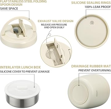 wiwens Thermo Food Jar for Hot Food Adults 32OZ Soup Thermo Lunch Containers Wide Mouth Vacuum Insulated Stainless Steel Leakproof Bento Box with Spoon (Beige)