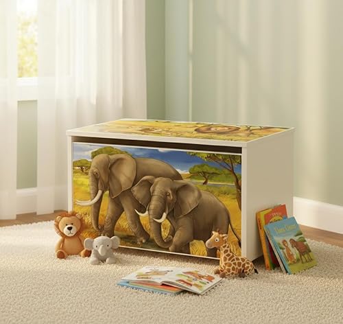 Leomark große Holzspielzeugkiste auf Rädern, Sitzbank mit Stauraum, Spielzeugkiste mit Deckel, Kinderbank – Truhenbank für Kinder, weiße Aufbewahrungsbox 91L, Maße: 71cm x40,5cm x45cm (Safari) - 2