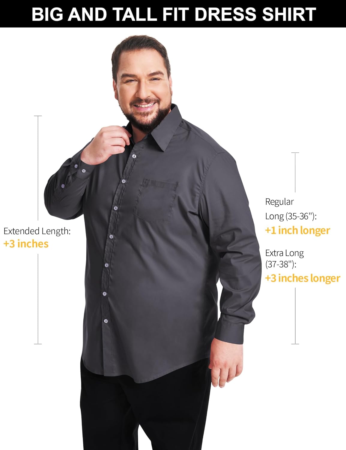 Idtswch Mens Big and Tall Classic Fit Dress Shirt Button Down Long Sleeve Collar Shirt Sleeve (35-36" or 37-38")