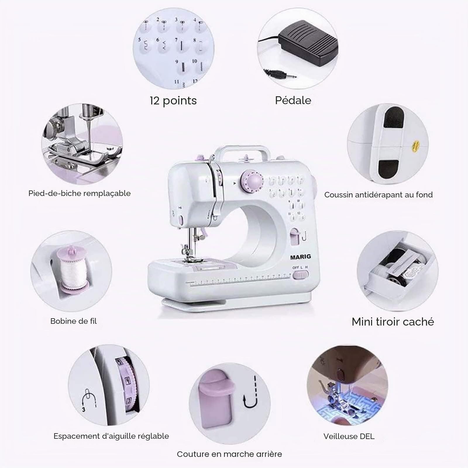MARIG Machine à coudre pour débutants - Petite machine à coudre électrique portable avec 2 vitesses - 12 motifs de point intégrés avec prise britannique
