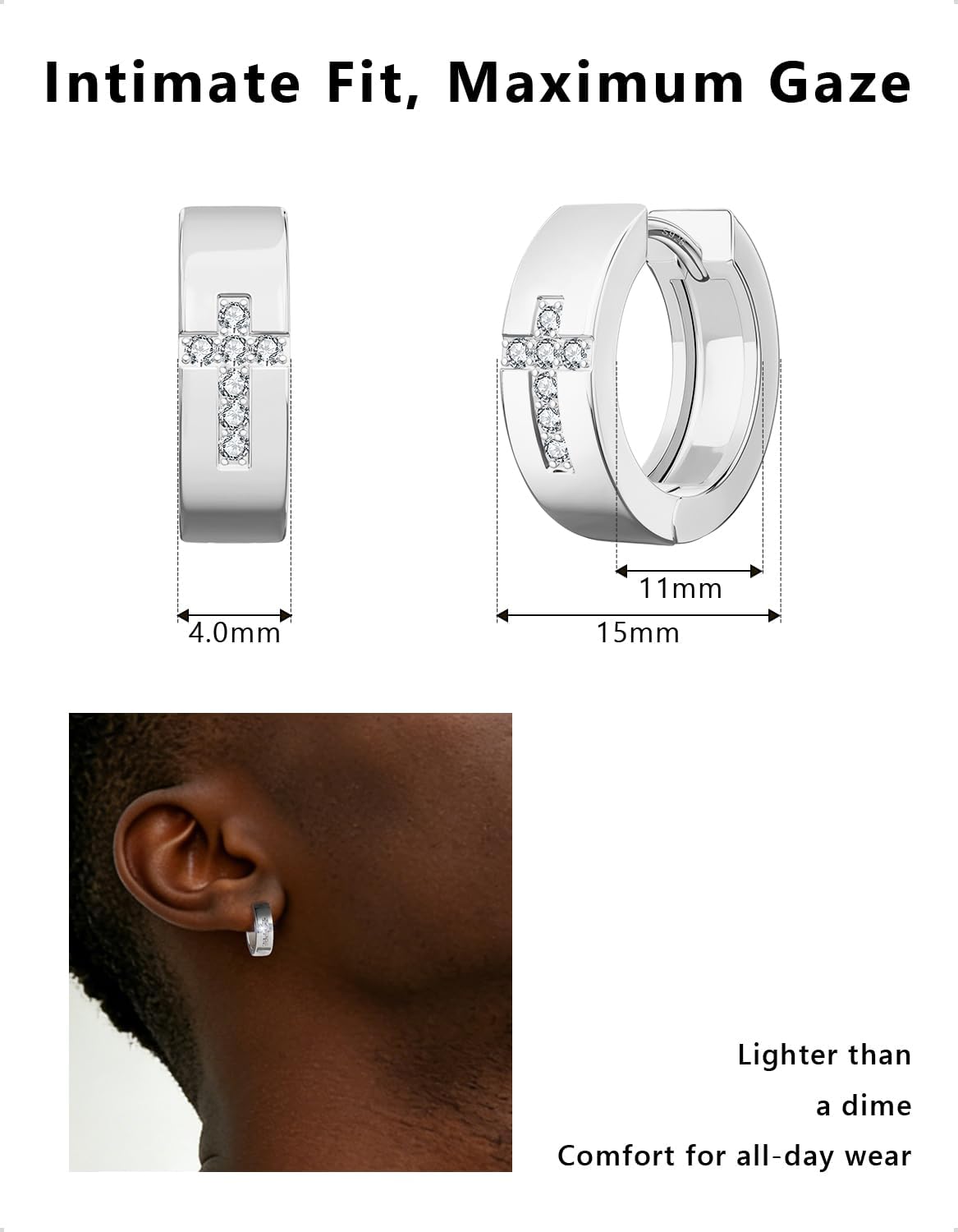 KRKC&CO Hoop Earrings Men with Cross, Black and Silver 14K Gold Plating Cubic Zirconia Earring, 925 Sterling Silver, Hypoallergenic Jewelry, Arete Negro de Hombre, Gift for Him Father