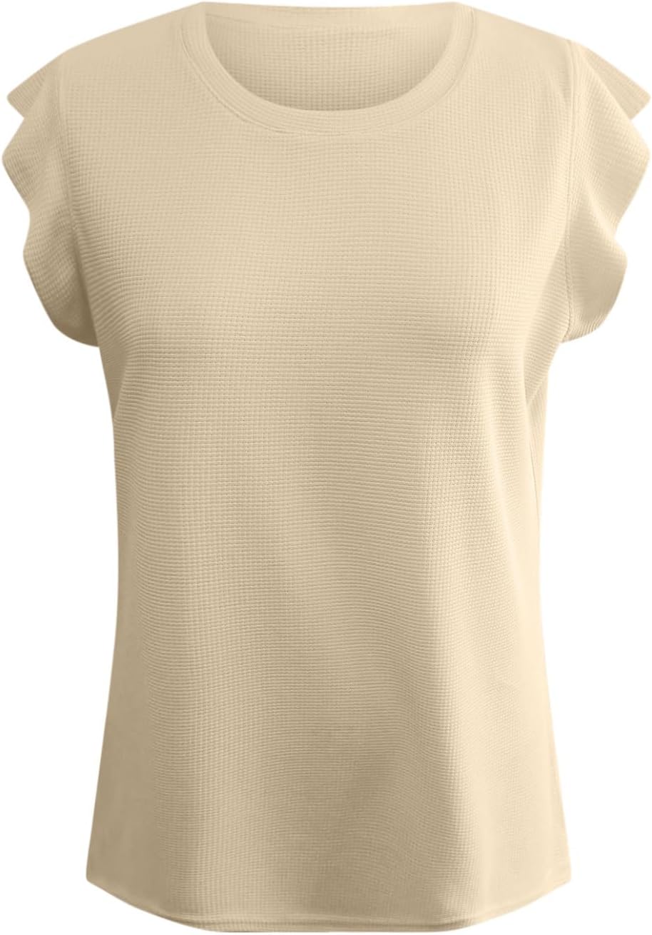 Womens Summer Tops Cap Sleeve Waffle Knit Shirts Loose Fit Round Neck T Shirts Basics Casual Business Work Blouse