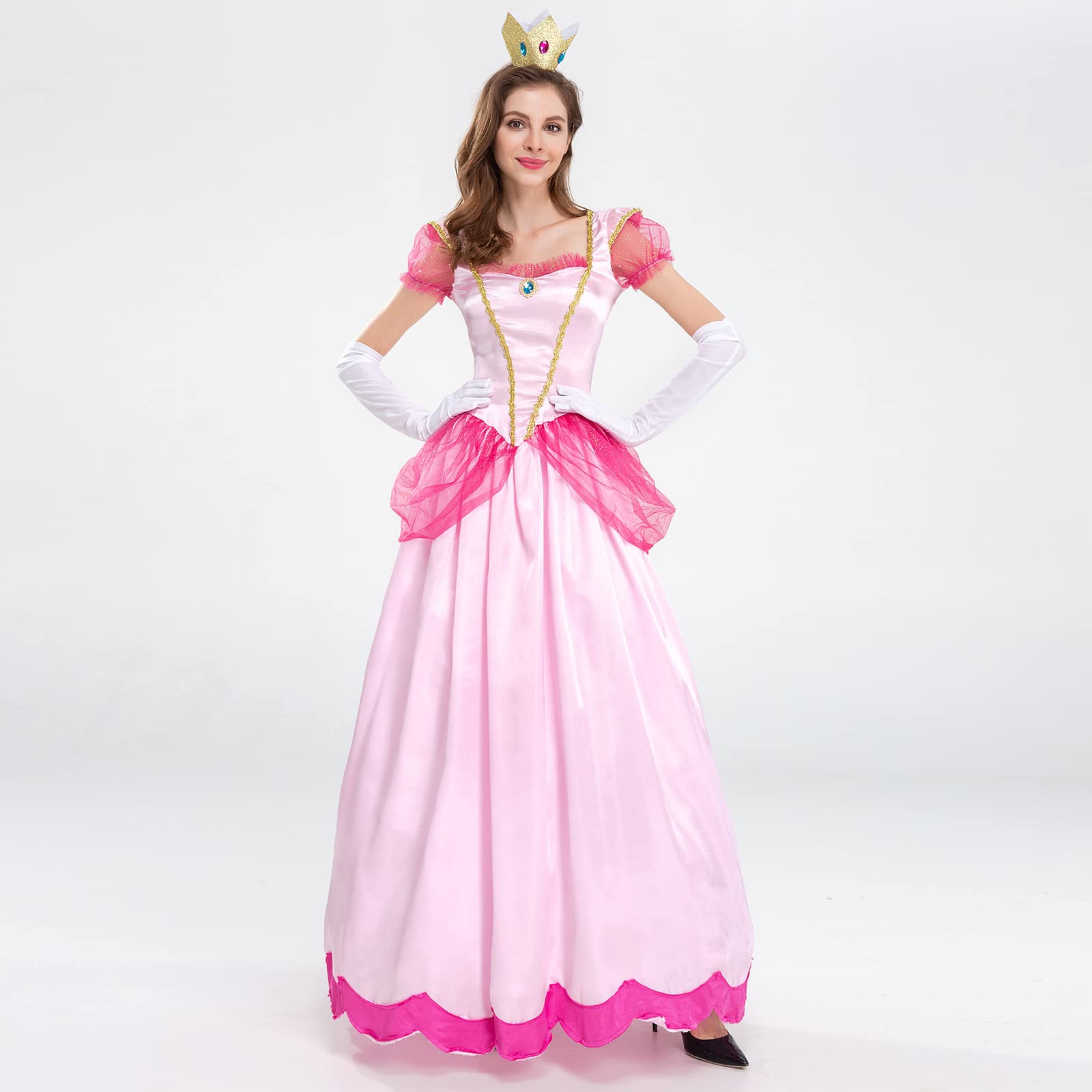 Women Princess Peach Costume with Peach Crown and Gloves for Halloween Cosplay Carnival Adults Princess Fancy Dress Up 3 Piece Outfits