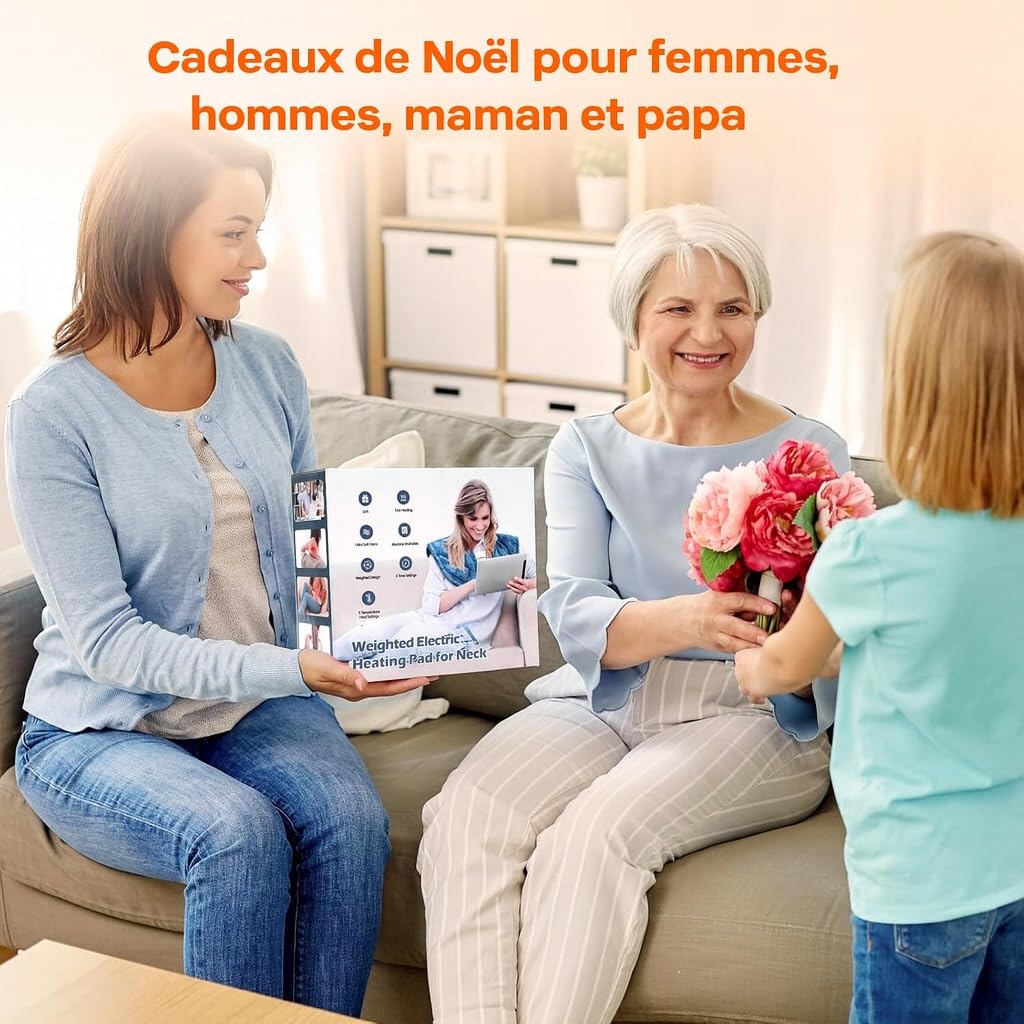 Coussin Chauffant Pondéré 1200g pour Cou et Épaules, 5 Niveaux de Chaleur, 4 Minuteries, Soulagement des Douleurs Cervicales, Lavable en Machine, Cadeau pour Femmes, Hommes et Parents