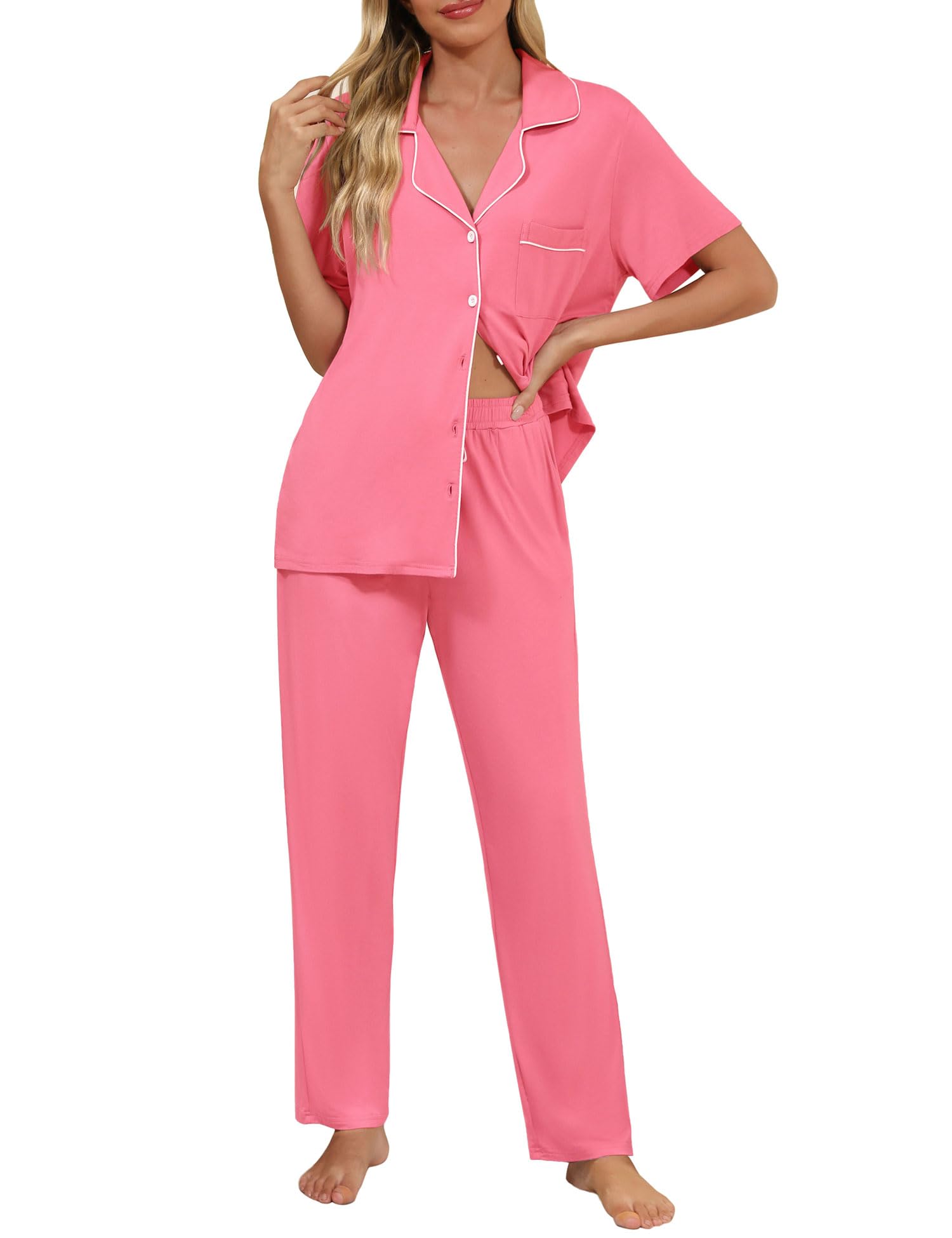 Senert Womens 2 Piece Pajamas Set Button Down Top and Pants Soft Sleepwear | Short Sleeve Lounge Sets with Pockets, Maternity/ Nursing /Postpartum Pjs Set, Bride Pjs Set for All Seasons