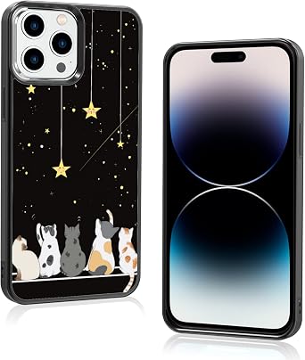 Black Cute Cat Phone Case Iphone 14 Pro Max - 6.1 Inch Cute Cat Iphone Case, Non-Slip Pattern Design and Shock Absorption, Soft Silica Gel Frame Support Black Phone Case for Teen Girls and Sisters