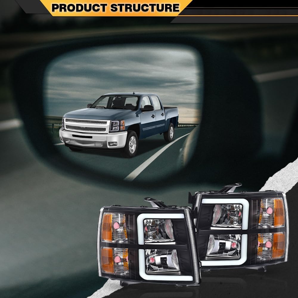LED DRL Tube Front HeadlampS HeadlightS Assembly w/o Bulb Compatible with Chevy Silverado 1500 2007-2013/Silverado 2500 HD 3500 HD 2007-2014 Clear Lens Black Housing Amber Reflector 22853027 GM2503280