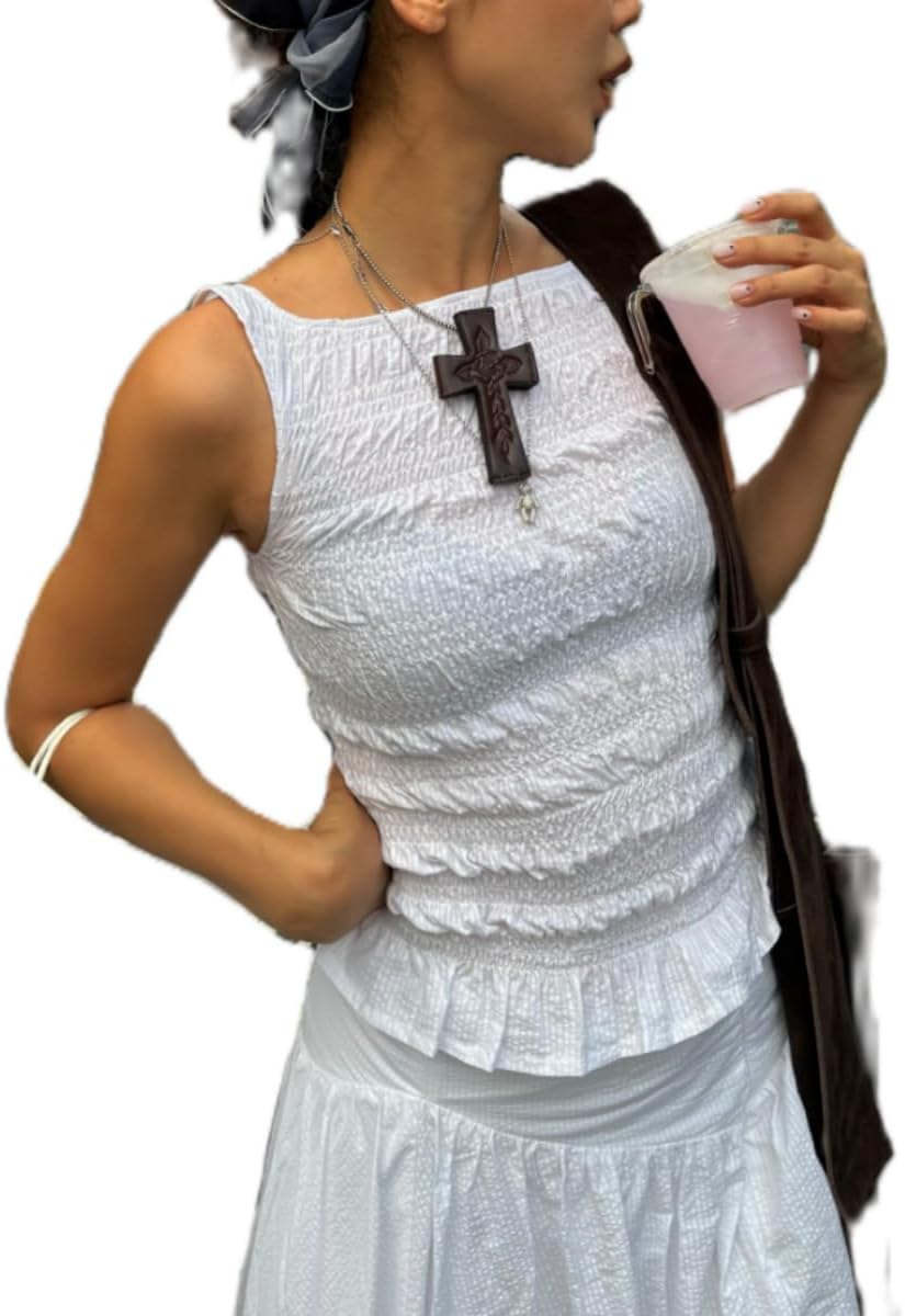 Women Y2K Shirred Tank Top Smocked Ruffle Sleeveless Crop Top Cute Slim Fit Top Shirt Vacation Going Out - Image 4