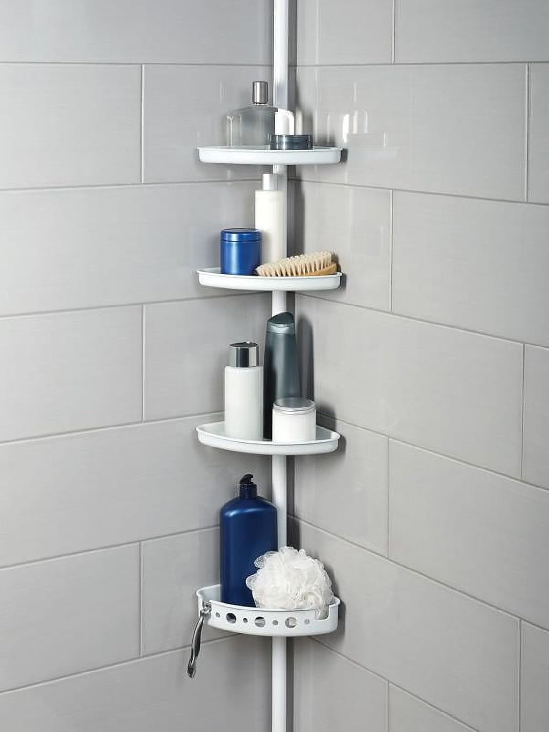 4-Tier Tension Corner Shower Caddy White Steel Pole Adjustable 60-96 Inches 3 Shelves with Deep Basket Rust-Resistant Finish