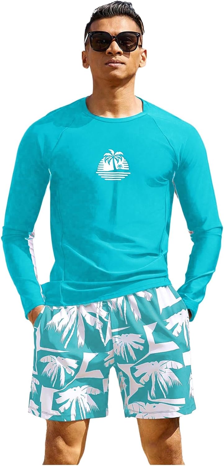 SOLY HUX Mens Swimsuit Long Sleeve Rash Guard Swim Shirt and Shorts 2 Piece Bathing Suit Swimwear Set