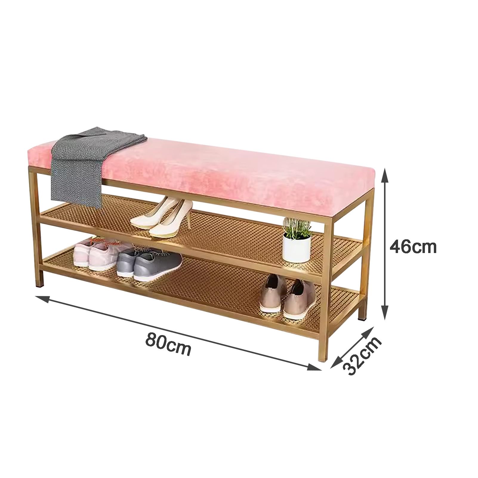 Banco zapatero con marco de metal dorado, almacenamiento de terciopelo de 3 niveles para entrada, baño, sala de estar, muebles elegantes al final de la cama, versátil y funcional