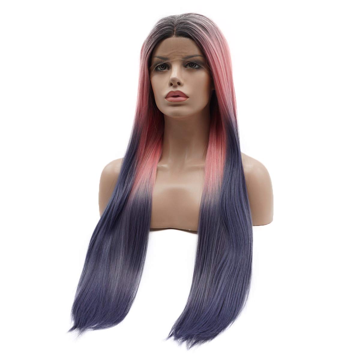 Lushy Hair Synthetic Lace Front Wig, Straight, 28inch, Dark Root Pink Grey Ombre, Heavy Density, Heat Resistant, Medium Size