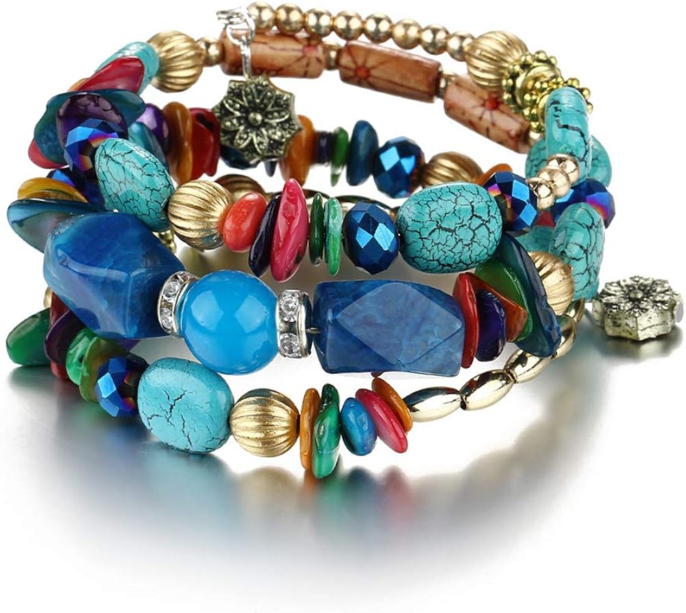 Brazalete apilable para mujer Vonru, diseño vintage de abalorios de colores, con múltiples capas, estilo bohemio, con piedras natales, para yoga, la