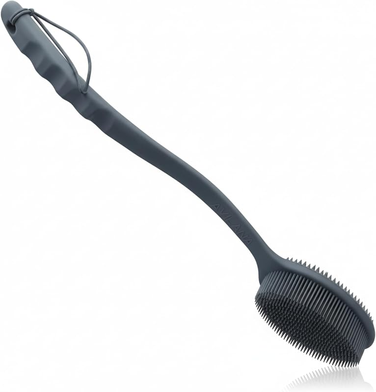 Escova corporal de silicone Avilana para banho com cabo longo, dupla face, cinza