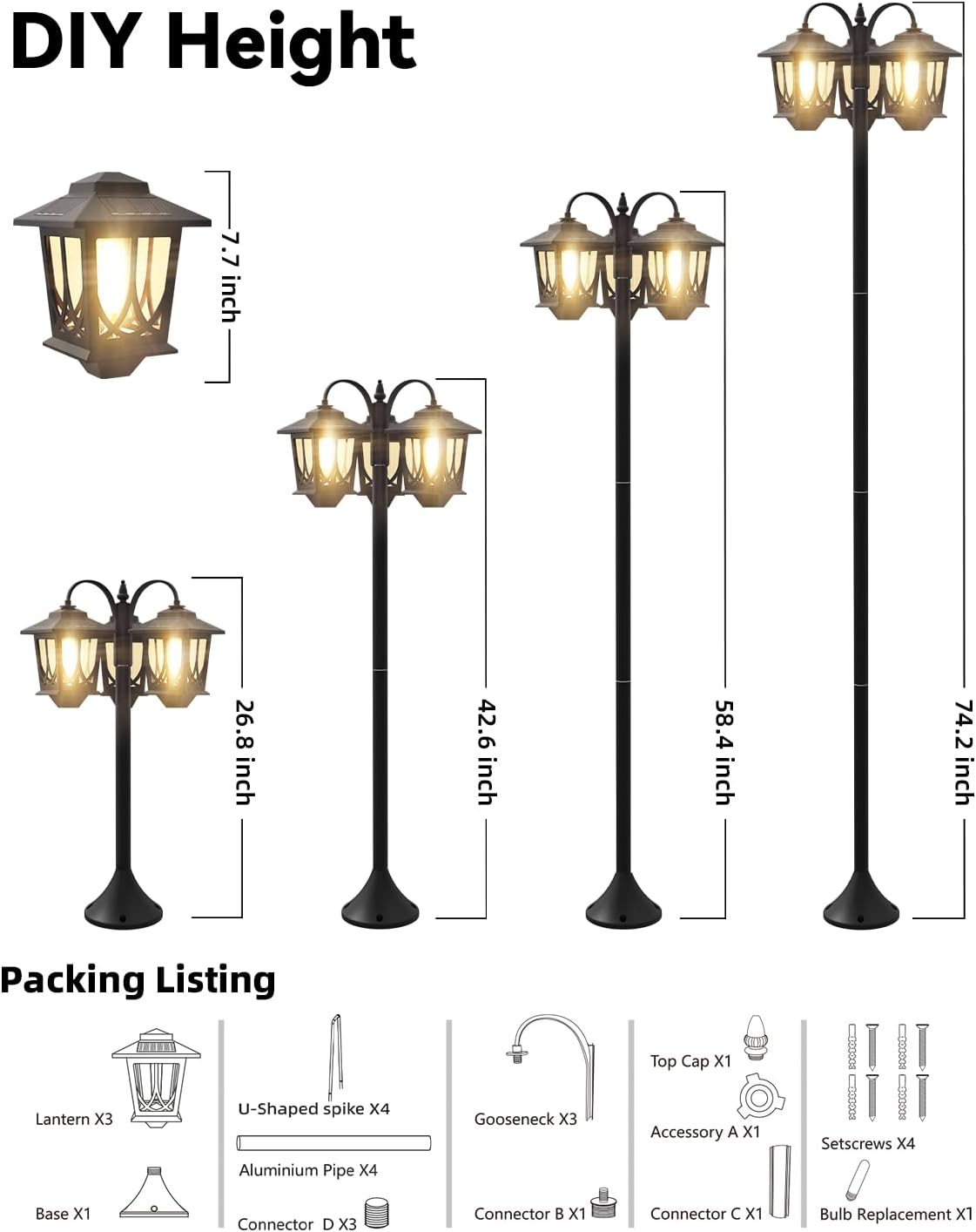 73 Inch Aluminum Solar Lamp Post Light, Outdoor Waterproof Auto On/Off Dusk to Dawn- 90Lm 3-Head Pole Lights Floor Lamp for Garden, Pathway,Patio Replaceable Bulb, Warm White (No Wiring Needed)