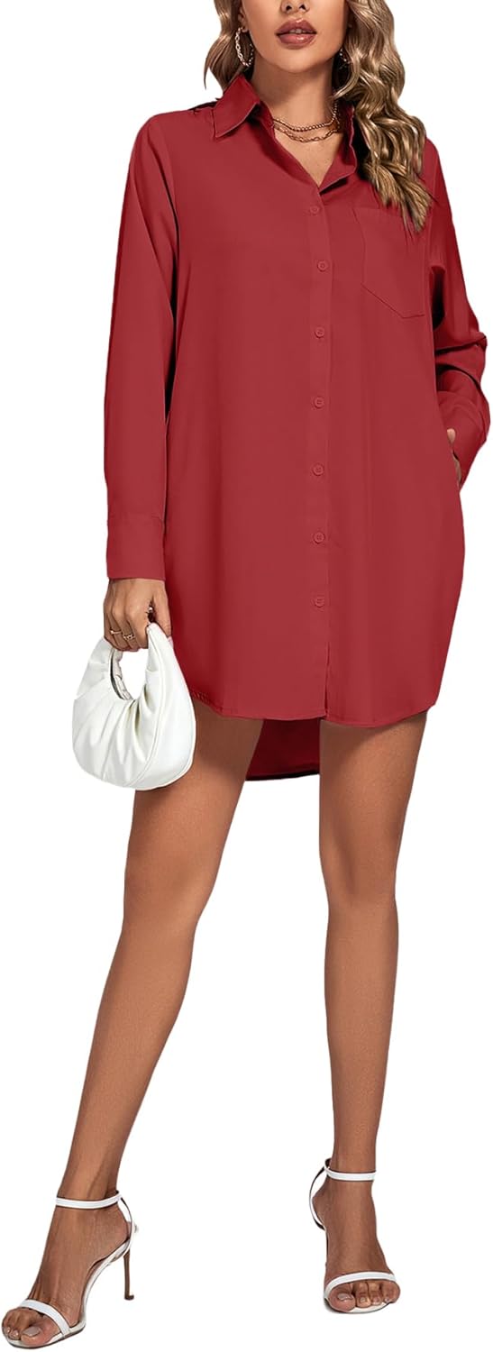 LYANER Women's Collar V Neck Button Down Long Sleeve Cruved Hem Shirt Dress - Image 6