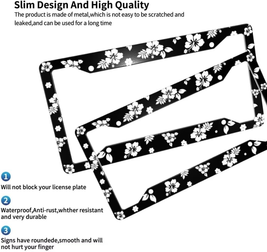 Hibiscus Flowers License Plate Frames & Hawaiian Hibiscus Flower Steering Wheel Cover Auto Parts Decoration with Screws Fits U.S. Canadian Standard for Men Women, 2PCS