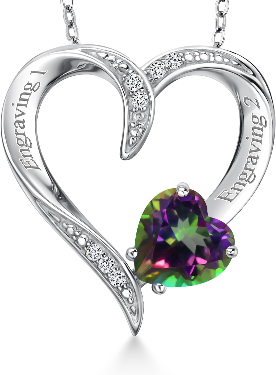 Gem Stone King Customized Personalized Engraved Heart Pendant Necklace For Women | 925 Sterling Silver | 7MM Heart Shape | Gemstone Birthstone and White Lab Grown Diamond | 18 Inch Silver Chain