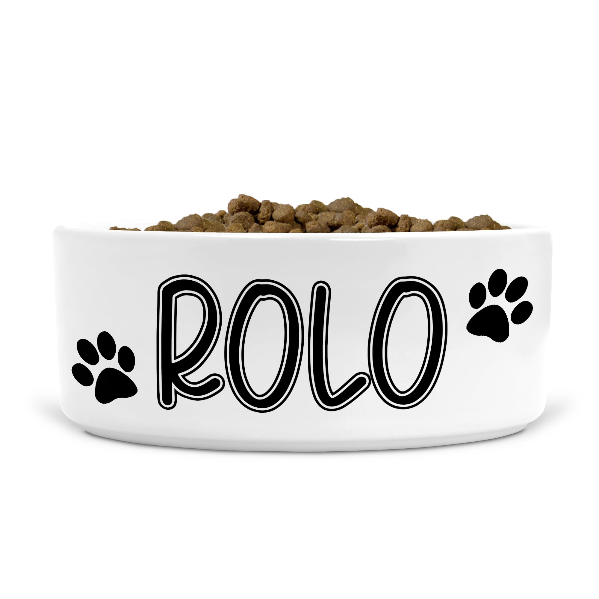 Personalised Ceramic Dog Bowl Custom with Name 2 Paw Prints, Size Medium-Large Dogs (Black print, Text Style WD)