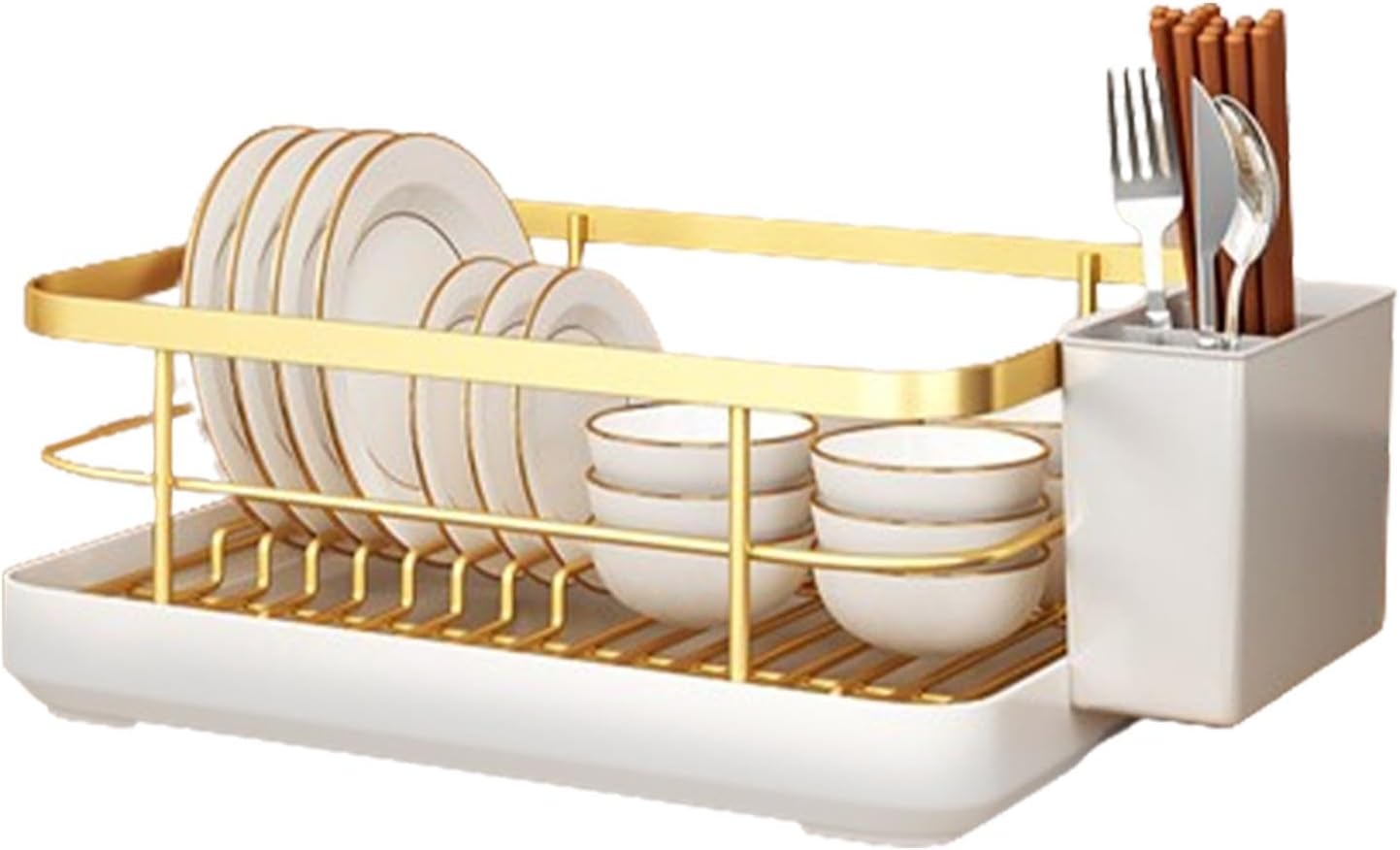 Dish Drying Rack,Cutlery Drainer with Utensil Holder | Dish Organizer, Drying Dish Rack with Drip Tray for Bowls and Plates, 34x26x16cm, Gold, KII24629 52QPCMLZAN
