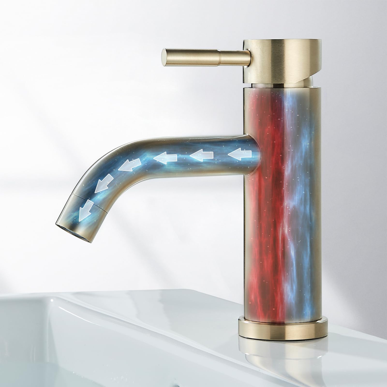 Robinet Salle de Bain Mitigeur de Lavabo Monocommande Robinet de Lavabo Réglable Chaud et Froid Aérateur Démontable Acier Inoxydable,Doré Brossé