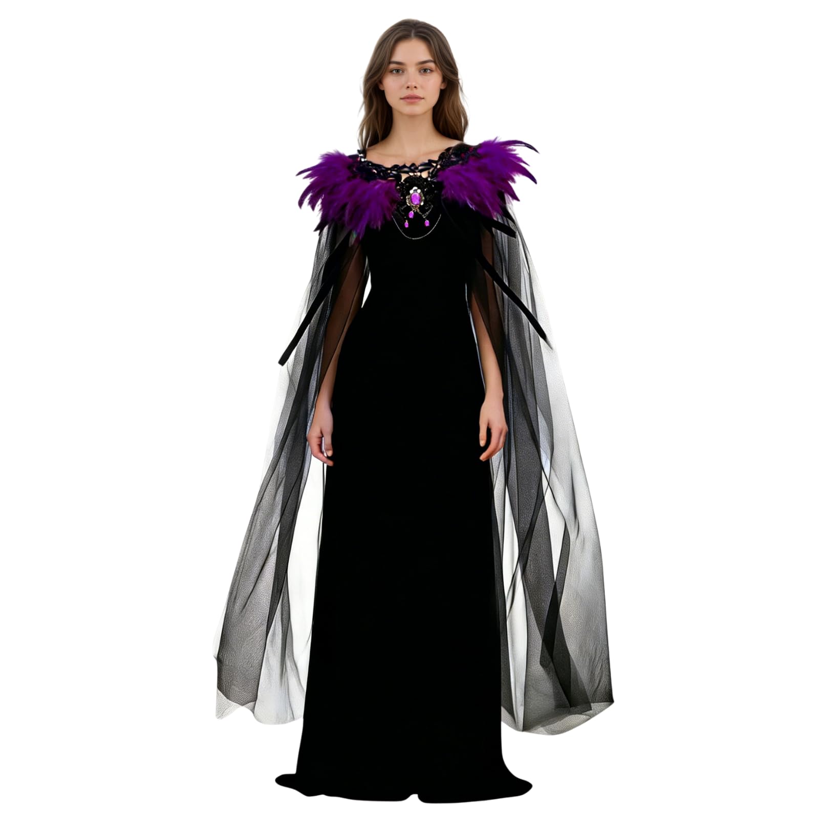 HAPNBCELE Women's Gothic Feather Cloak, Tulle Cape with Feather Collar for Halloween Party Masquerade Carnival Cosplay (Purple, 50.3")