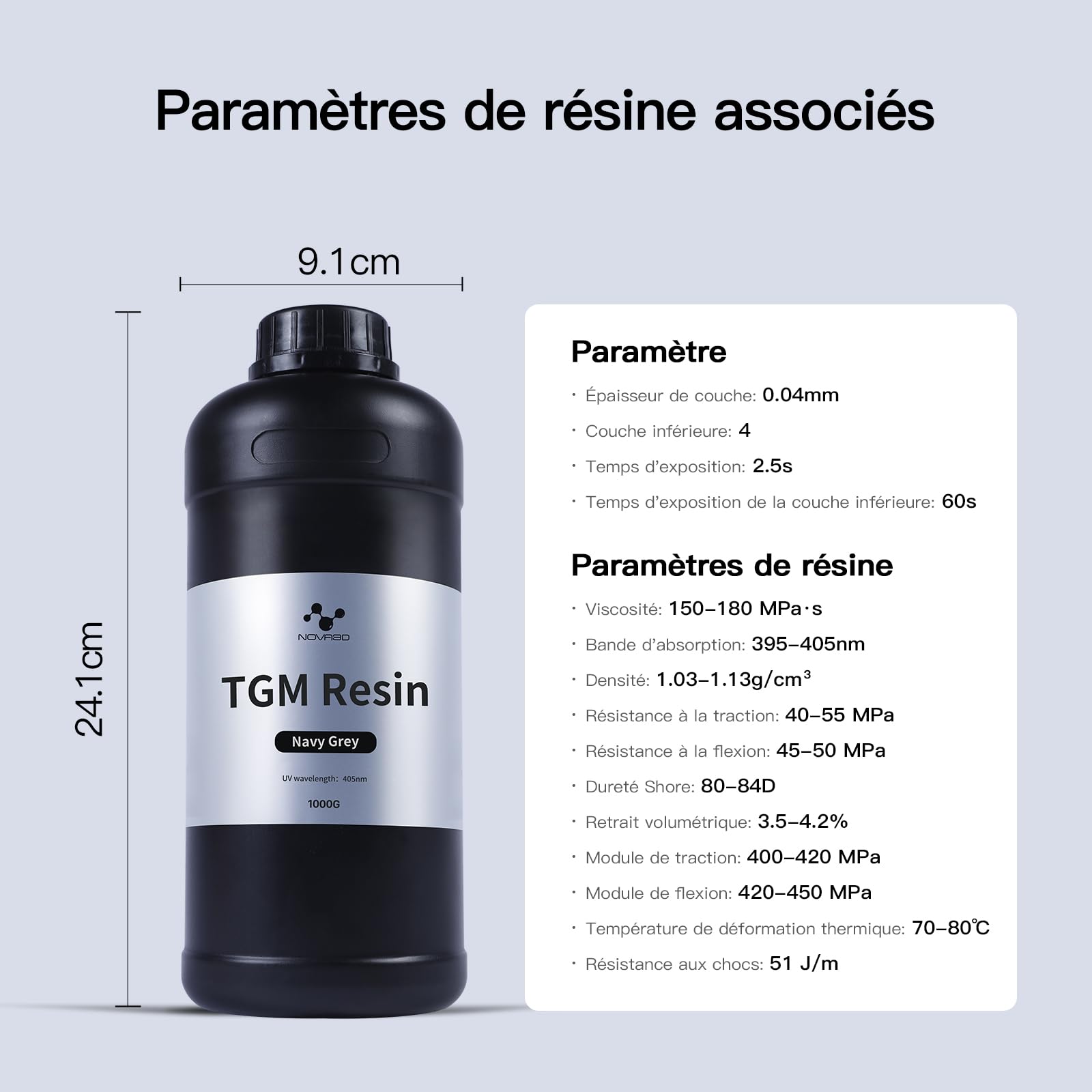 NOVA3D Résine photopolymère TGM 16K, résistance aux chocs et détails ultra-précis, idéal pour les modèles de jeu de société, durcissement rapide, avec une odeur minimale, 1 kg, gris marine