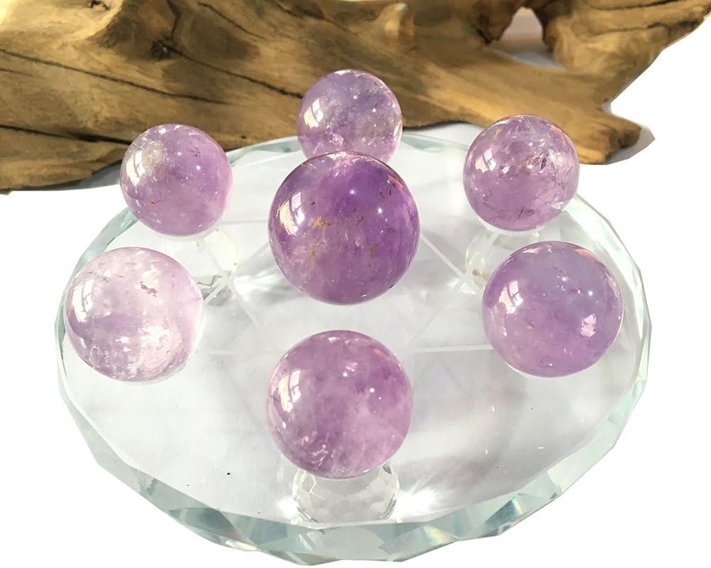 MOSOAO Natural Amethyst Crystal Ball Seven Star Group Crystal Spheres Qixing-Array Ornament with Clear Quartz Crystal Glass Stand for Home Decoration (Amethyst Quartz Ball)