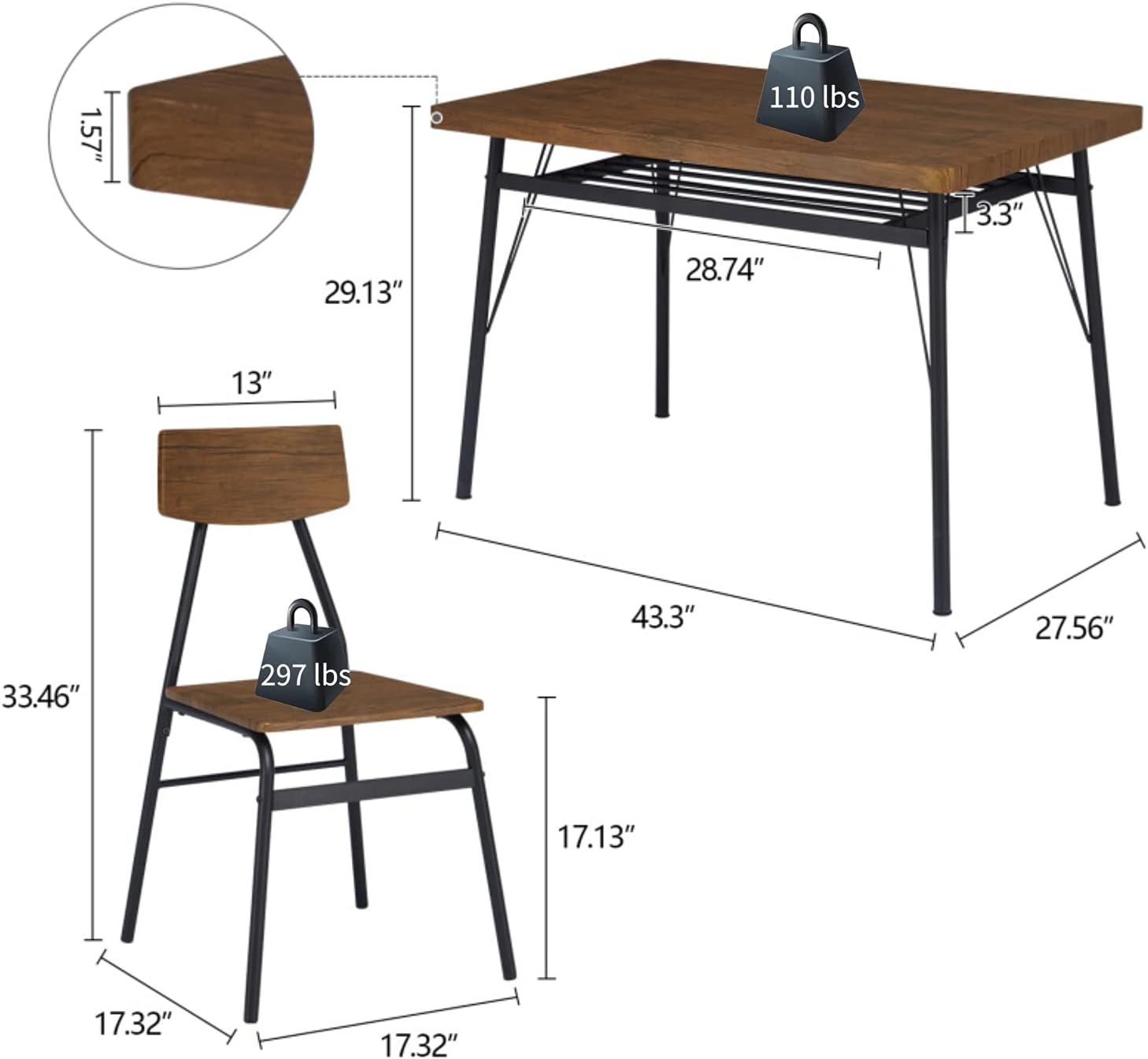 5-Piece Kitchen Table and Chairs for 4 - Wooden Dining Table Furniture Set with Metal Frame for Kitchen, Dining Room, Dinette, Office Tea Room - Table & Chair Sets