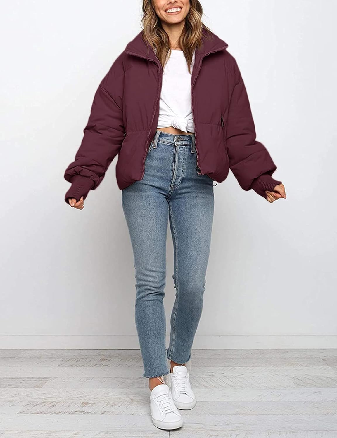 MEROKEETY Women's Winter Long Sleeve Zip Puffer Jacket Baggy Short Down Coats : Clothing, Shoes & Jewelry