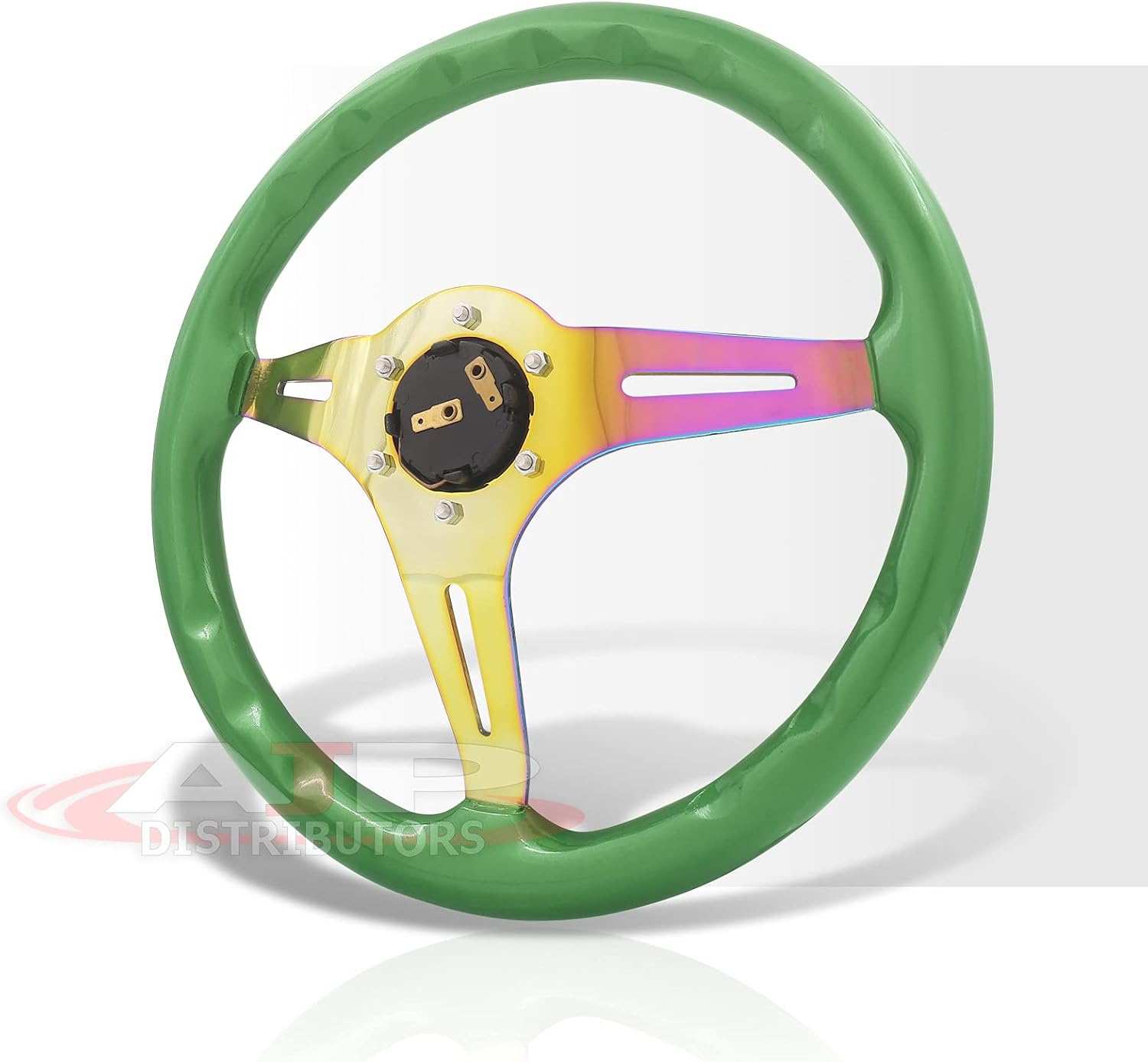 AJP Distributors Universal 350mm 14" Classic Wood Grain Style 6 Bolts Holes Steering Wheel w/Horn Button, JDM VIP Light Weight Deep Dish 3 Spoke Green Wood Trim w/Neo Chrome Steel Center