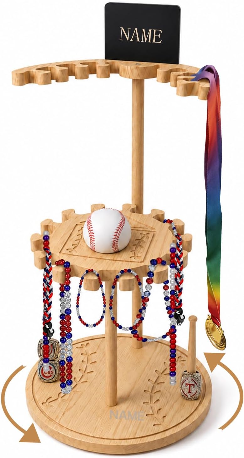 OYEFLY Baseball Necklace Organizer Holder With 14 Necklace Hooks 8 Medal Hooks 2 Ring Holders Baseball Display Stand With Chalkboard Wooden Sports Jewelry Storage For Bedroom Living Room (Black)