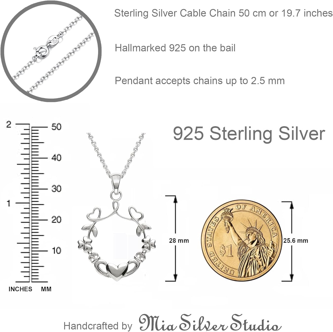 Claddagh Necklace for Women – 925 Sterling Silver or 14K Gold Plated Sterling Silver – Irish Celtic Pendant with 20” Chain – Symbol of Love, Loyalty & Friendship – Handmade Jewelry