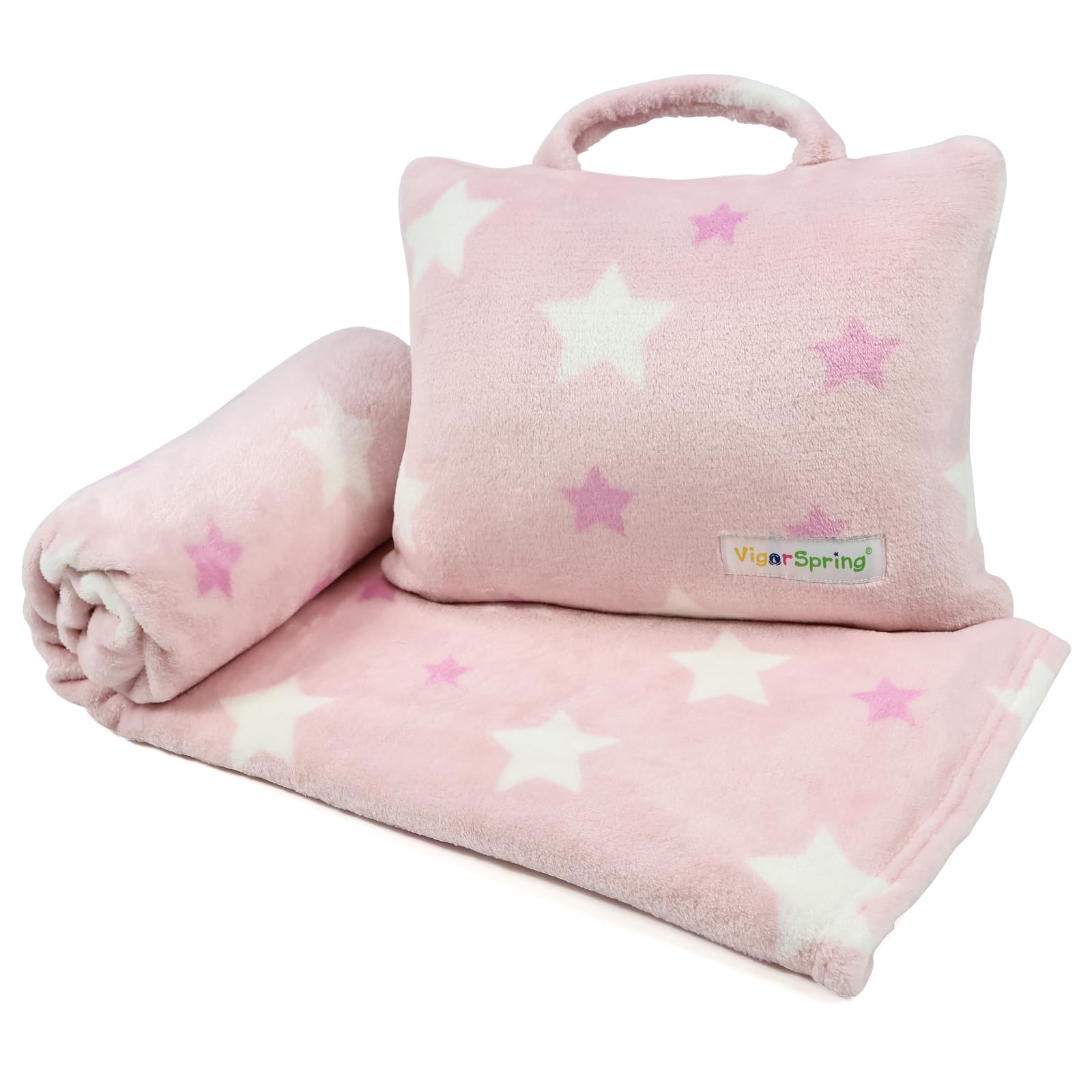 Photo 1 of VigorSpring 3-in-1 Kids Travel Blanket and Pillow Set - 40x60 Inches Soft Pink Star Design,Kids Travel Blanket Airplane Compact with Bag, Potable Pillow Blanket for Travel Airplane Train Bed Office