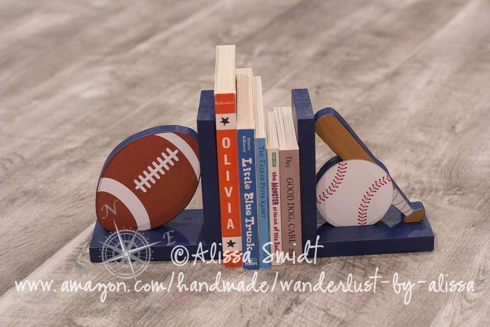 Baseball and Football Wooden Bookends, Sports Themed - Custom Designed