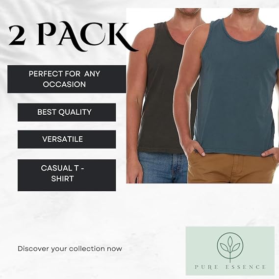 Pure Essence 2 Pack Garment Dyed Tank Tops for Men - Casual T-Shirts Ideal for Gym, Workout, Jogging, Beach, or Everyday Wear