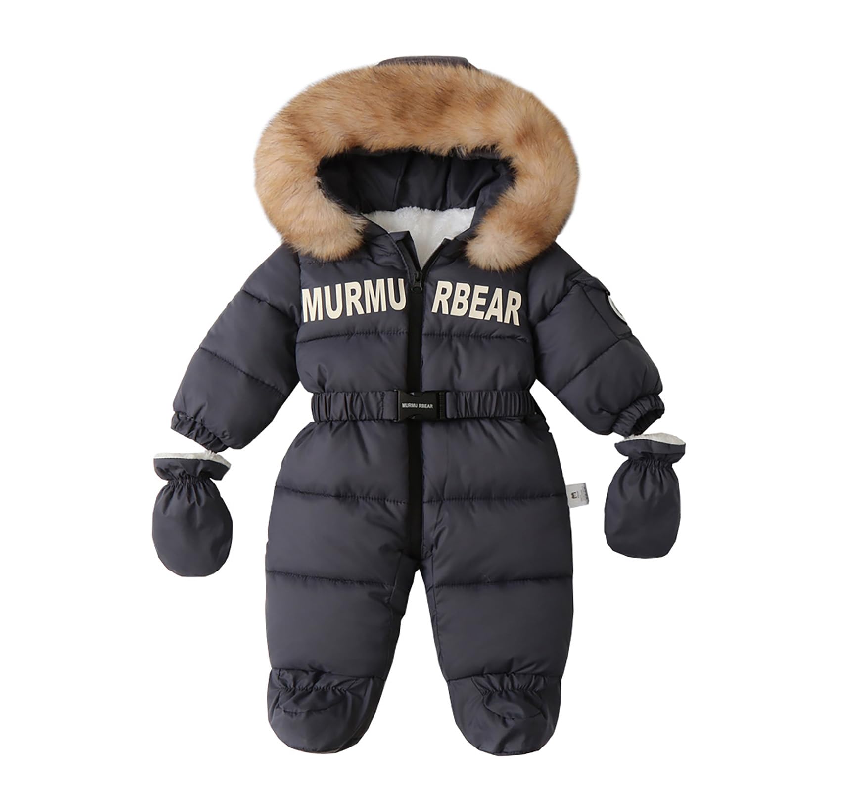 Combinaison Doudoune Bébé Combinaison de Neige pour Enfants Hiver Bébé Fille Garçon Rembourré à Capuche Fourrure Manteau Couleur Unie avec Ceinture Combinaison De Ski Survêtement Veste