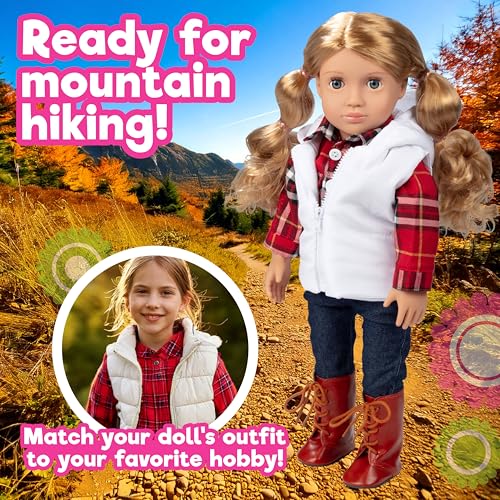 Fall & Winter Hiking Outfit for 18-Inch Dolls - 4-Piece Adventure Set Includes Puffy Vest, Long Sleeve Flannel Shirt, Leggings, and Hiking Boots - Fits American Girl & Our Generation Dolls