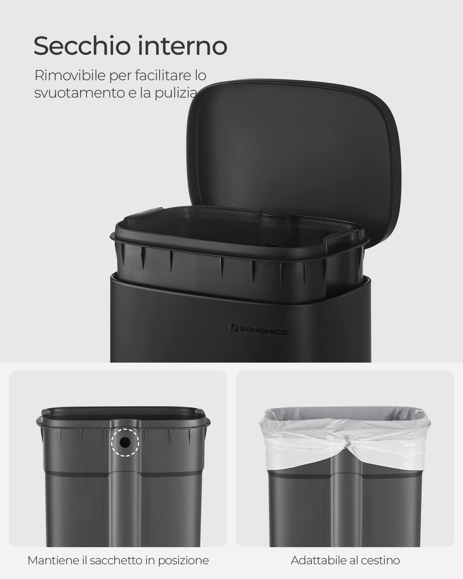 SONGMICS Pattumiera da cucina da 30 litri, pattumiera a pedale, chiusura rallentata, pedale, acciaio, secchio interno, nero, LTB03BK