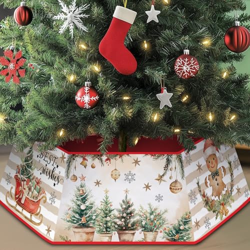 Farmhouse Rustic Christmas Tree Skirt, Apricot Beige Christmas Tree Collar for Artificial Trees, Hexagonal Trees Skirts for Holiday Party White Stripe Xmas Decoration
