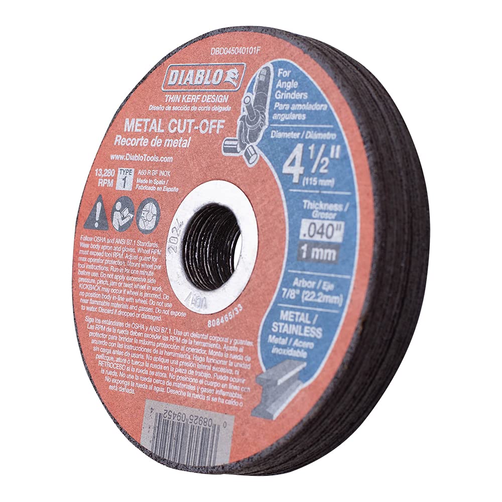 DIABLO 4 1/2 INCH METAL CUT-OFF DISC .040 THICK - 7/8 INCH (22.2mm) ARBOR - TYPE 1 HUB - THIN KERF DESIGN - PREMIUM ALUMINUM OXIDE BLEND FOR USE ON METAL MATERIALS - 13,280 MAX RPM - 15 PACK