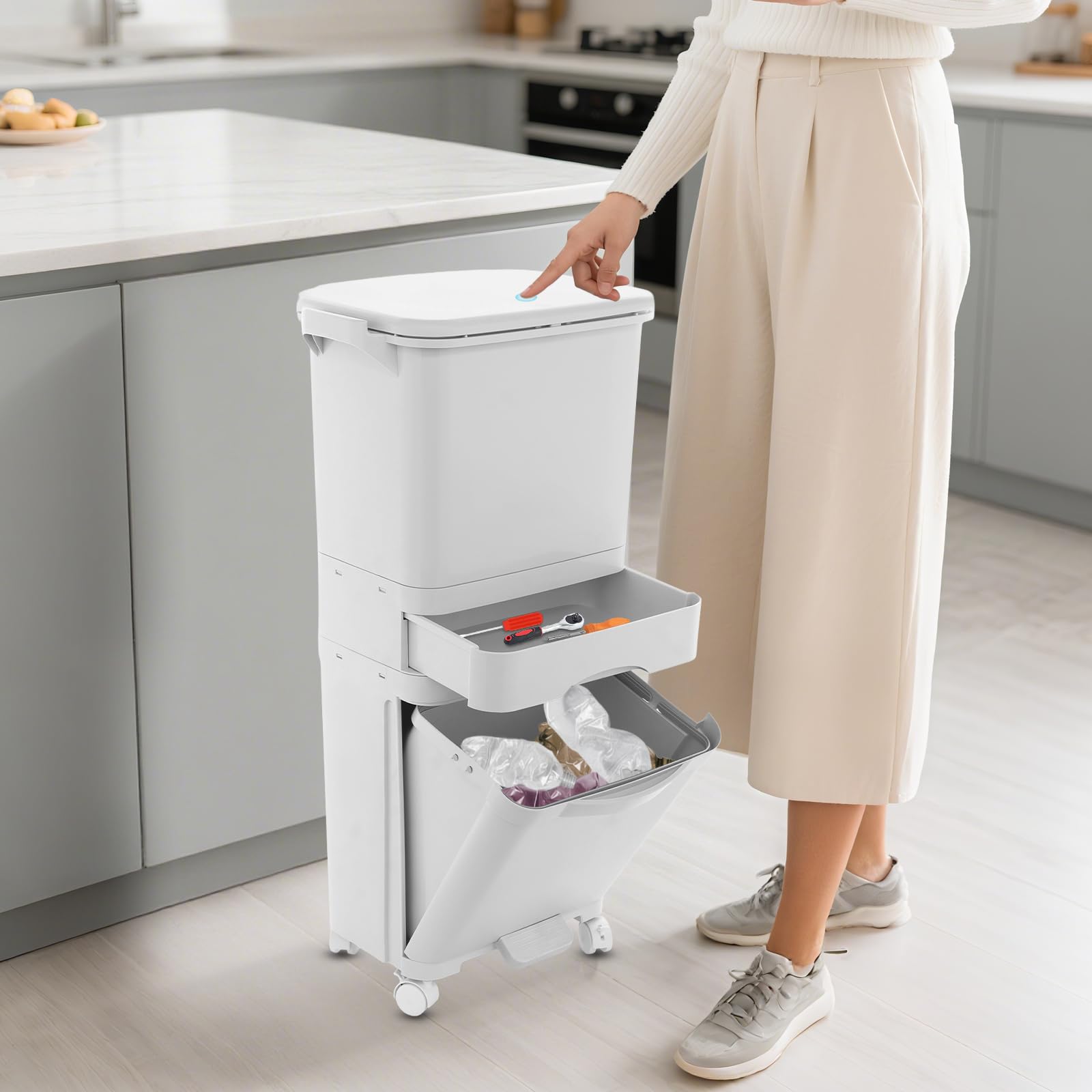 Papelera de cocina 42L con 3 compartimentos, papelera de cocina, papelera de separación de residuos secos y húmedos con ruedas, papelera con pedal y tapa sobre ruedas para cocina, hogar y