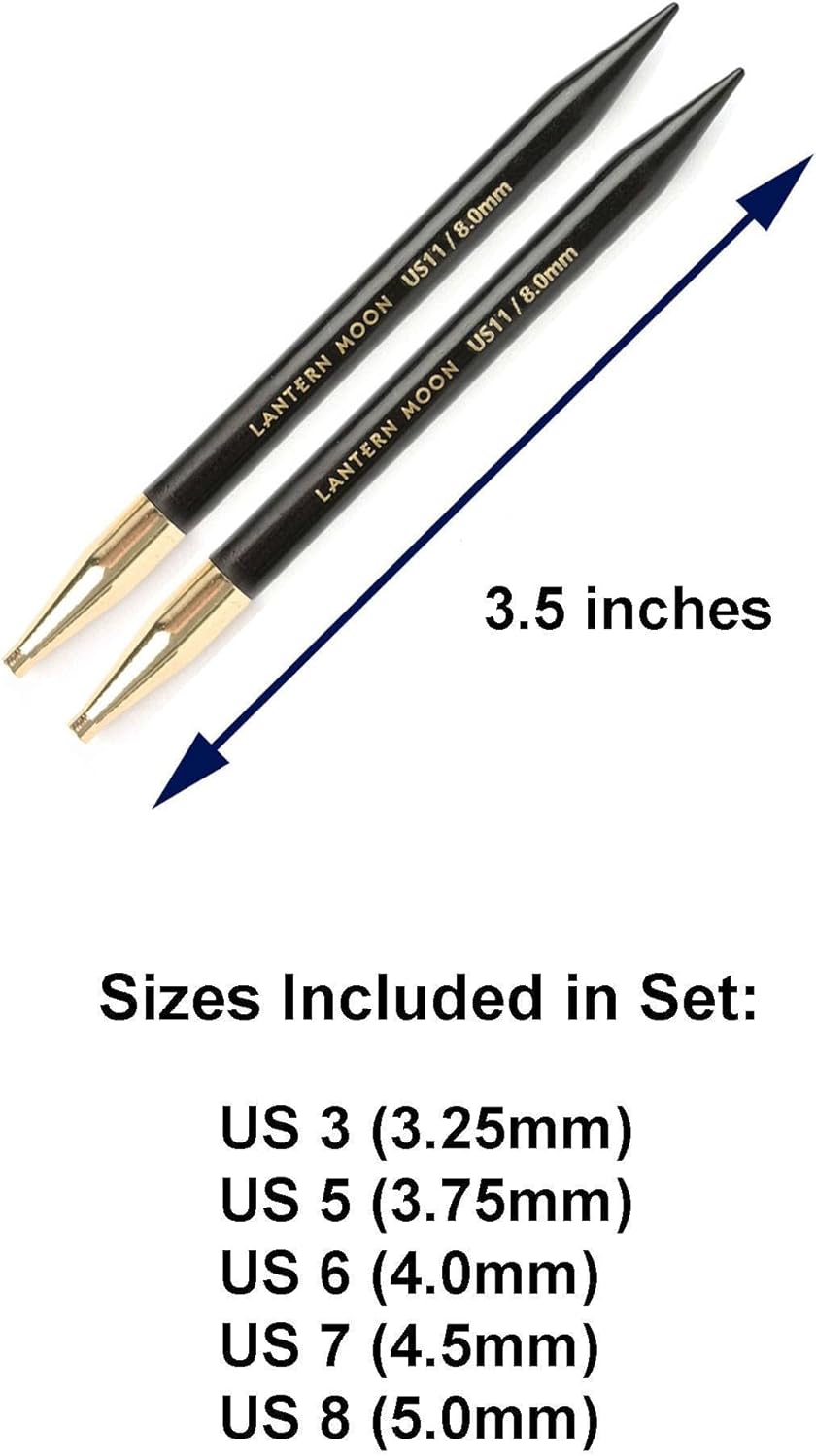 Lantern Moon Heritage 4-Inch 5-Pair Interchangeable Circular Knitting Needle Set Handcrafted Ebony Sizes US 3, 5, 6, 7, 8, Silk Case, 2 Cords, 4 End Caps, 5 Markers with Project Bag