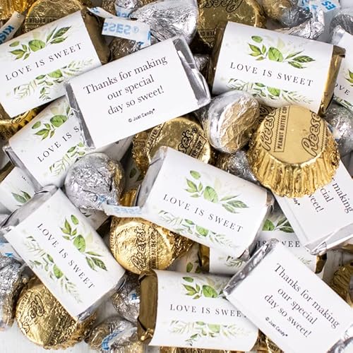 200Pcs Personalized Wedding Candy Kit, Chocolate Party Favors For Guests, Candy Buffet Supplies (Custom Wrapped Miniatures, Kisses, Peanut Butter Cups) - Botanical Design #TOP1