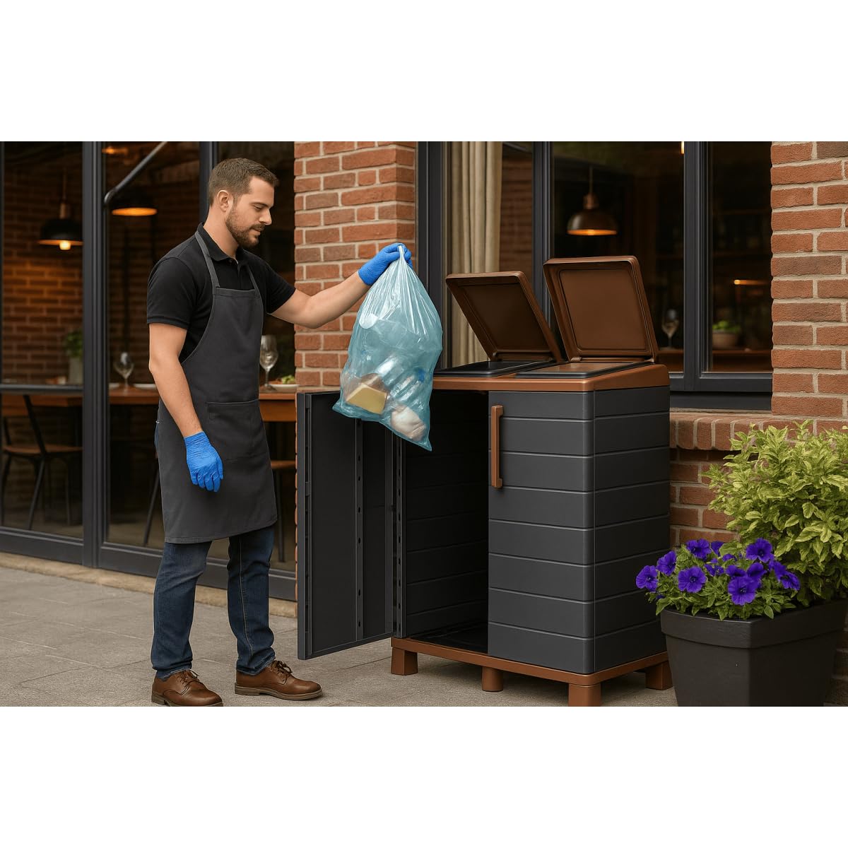 Art Plast - Abri Poubelles 2 Sacs Gris & Marron - Armoire Cache Poubelle de Tri Sélectif 68 x 37 x 90 cm Terrasse, Restaurant