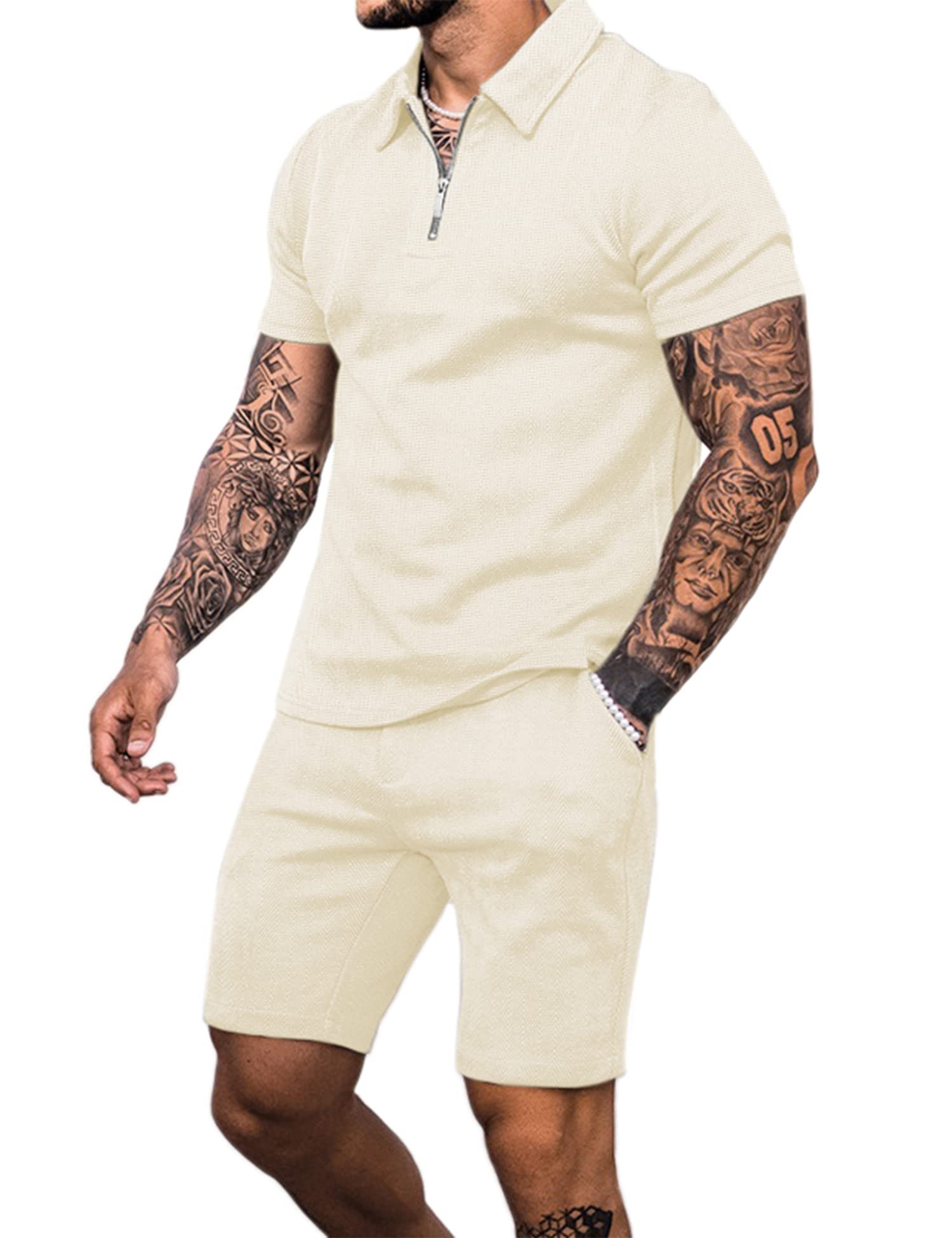 Babioboa Men's Short Sleeve Polo Shirt & Shorts set Summer Two Piece Outfits 3 Pockets zip Tracksuits Casual Daily Sport