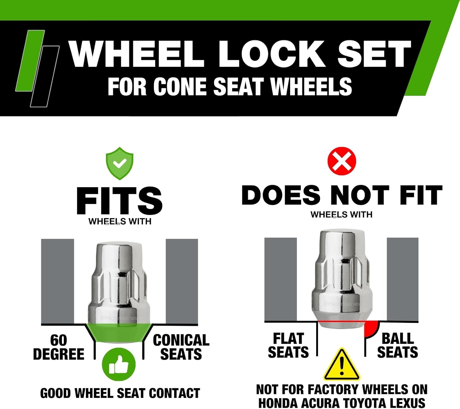 DPAccessories Chrome M12x1.50 Lug Nut Locks | Bulge Acorn | 36mm (1.4") Tall | 19mm (3/4") & 21mm (13/16") Hex | Set of 4 Locks / 1 Key | LCB3L6HC-CH04LK4